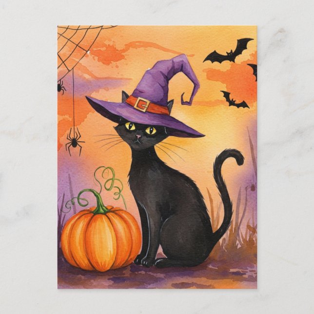Black Cat Spiders Pumpkin Bats Halloween Postcard (Front)