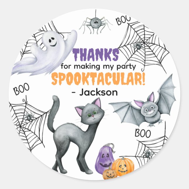 Black Cat Spiderweb & Ghosts Halloween Classic Round Sticker (Front)