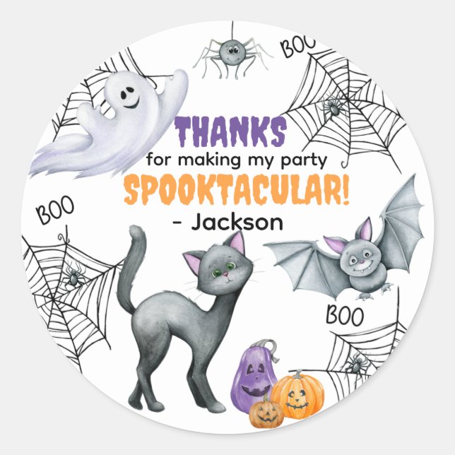 Black Cat Spiderweb & Ghosts Halloween Classic Round Sticker (Front)