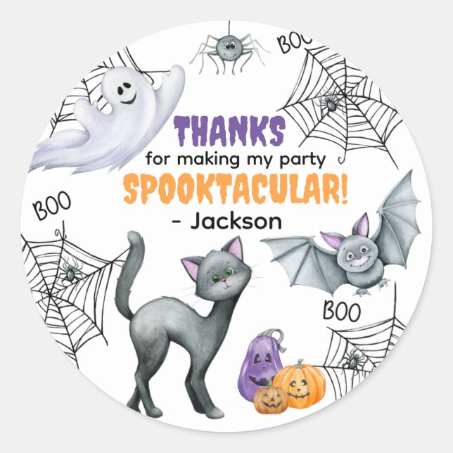 Black Cat Spiderweb & Ghosts Halloween Classic Round Sticker (Front)