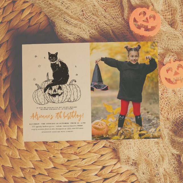 Black Cat Spooky Halloween Pumpkin Photo Birthday Invitation (Creator Uploaded)