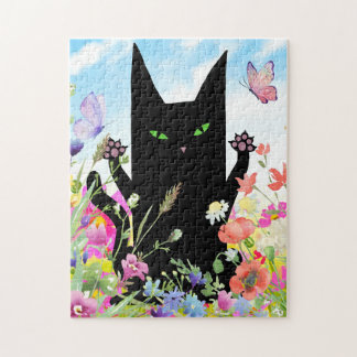 Black Cat Spring Fever: Kitty and Flowers Jigsaw Puzzle