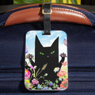 Black Cat Spring Fever: Kitty and Flowers Luggage Tag