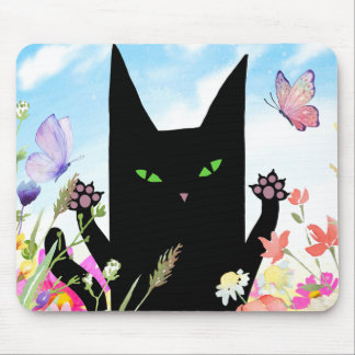 Black Cat Spring Fever: Kitty and Flowers Mouse Pad