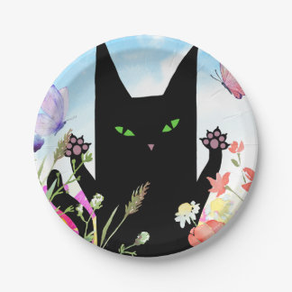 Black Cat Spring Fever: Kitty and Flowers Paper Plate