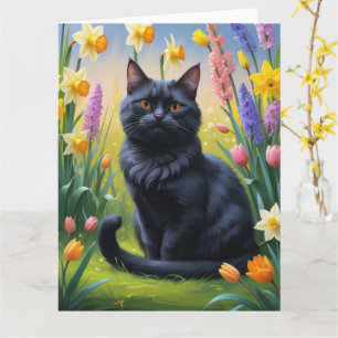 Black Cat Spring Flowers Painting Card