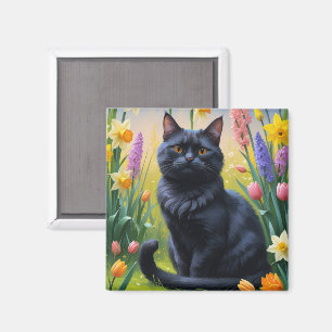 Black Cat Spring Flowers Painting Magnet