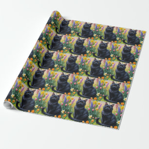 Black Cat Spring Flowers Painting Wrapping Paper