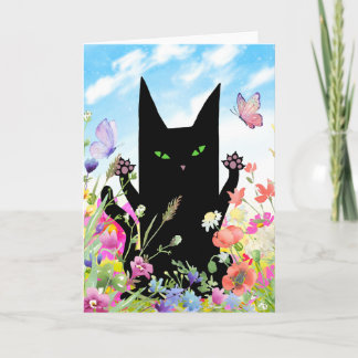 Black Cat Spring Greeting Card: Kitty and Flowers Card