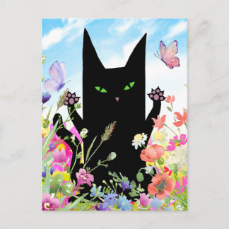 Black Cat Spring Greeting Card: Kitty and Flowers Postcard