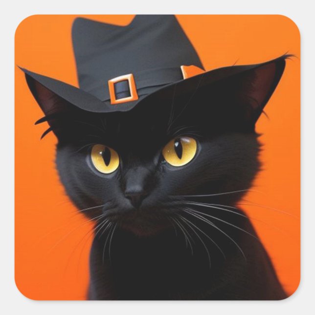 Black Cat  Square Sticker (Close-up of a black cat with yellow eyes wearing a black witch hat with an orange buckle!)