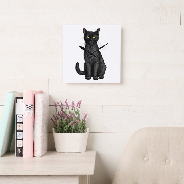 Black cat square wall clock (Reading Room)