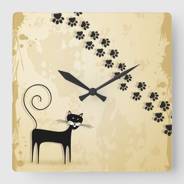 Black cat square wall clock (Front)