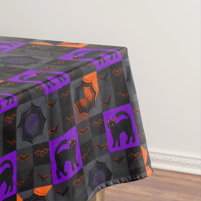Black Cat Squares Halloween Tablecloth (In Situ)