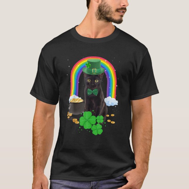 Black Cat St Patricks Day Leprechaun Costume Shamr T-Shirt (Front)