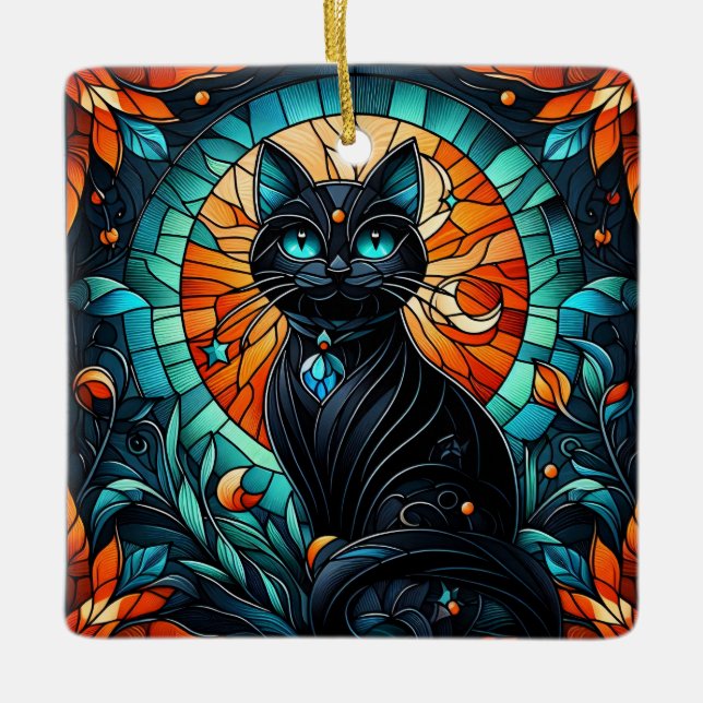 Black Cat Stained Glass Graphic Ceramic Ornament (Front)