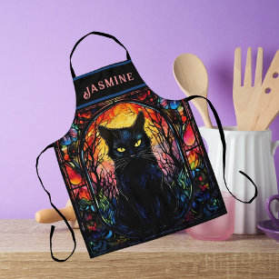 Black Cat Stained Glass Red Spooky Apron