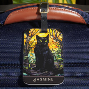 Black Cat Stained Glass Yellow Luggage Tag