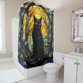 Black Cat Stained Glass Yellow Shower Curtain