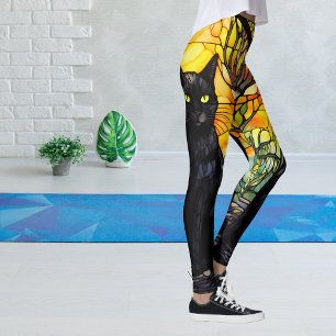 Black Cat Stained Glass Yellow Yoga Leggings