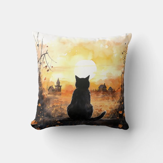 Black Cat Staring at Setting Sun Fall Halloween Cushion (Front)