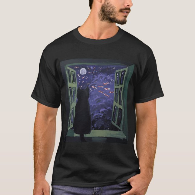 Black Cat Staring into Fish Horizon T-Shirt (Front)