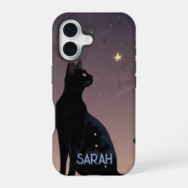 Black Cat Starry Night Celestial Feline Art Gift iPhone 16 Case (Back)