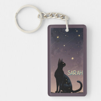 Black Cat Starry Night Celestial Feline Art Gift Key Ring