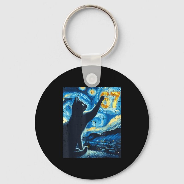 Black Cat Starry Night Van Gogh Cat 67 Six Seven M Key Ring (Front)