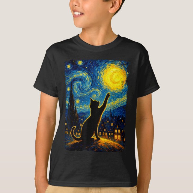 Black Cat Starry Night Van Gogh Cat, Cat Mum, Cat  T-Shirt (Front)