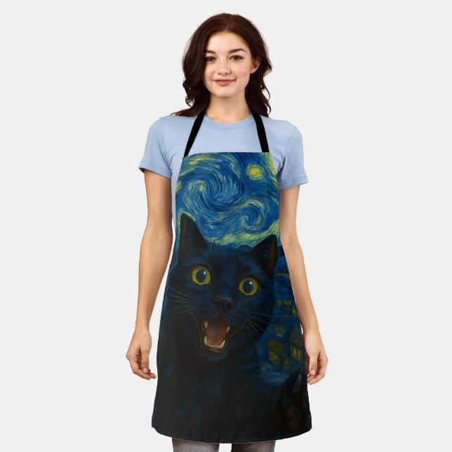 Black Cat Starry Night Van Gogh Cat Selfie  Apron (Worn)