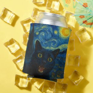 Black Cat Starry Night Van Gogh Cat Selfie Can Cooler
