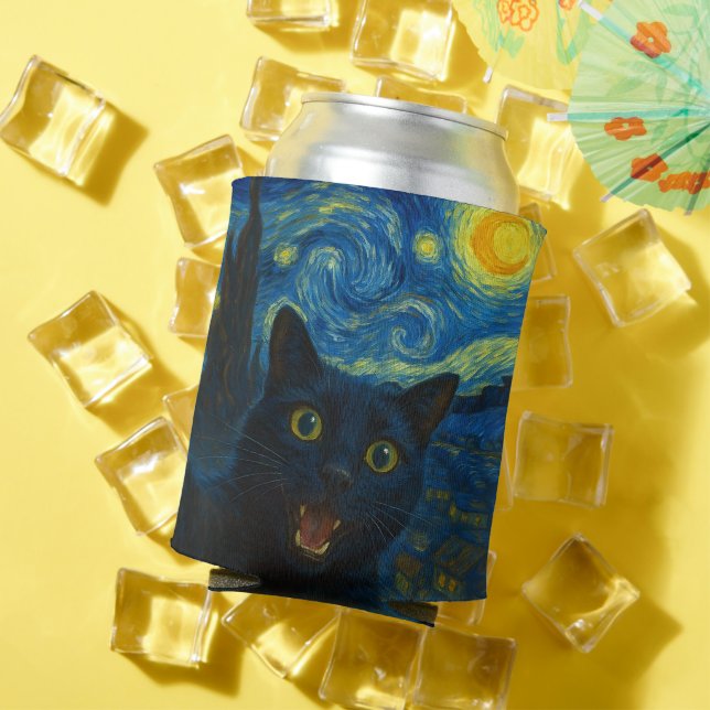 Black Cat Starry Night Van Gogh Cat Selfie  Can Cooler (In Situ Summer)