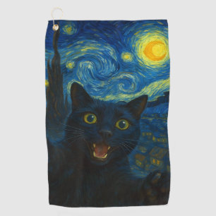 Black Cat Starry Night Van Gogh Cat Selfie Golf Towel
