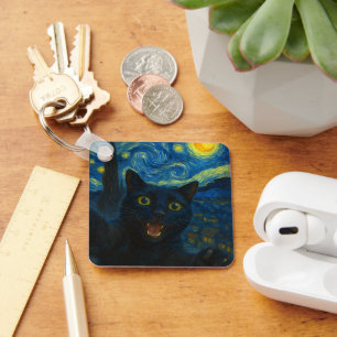 Black Cat Starry Night Van Gogh Cat Selfie  Key Ring