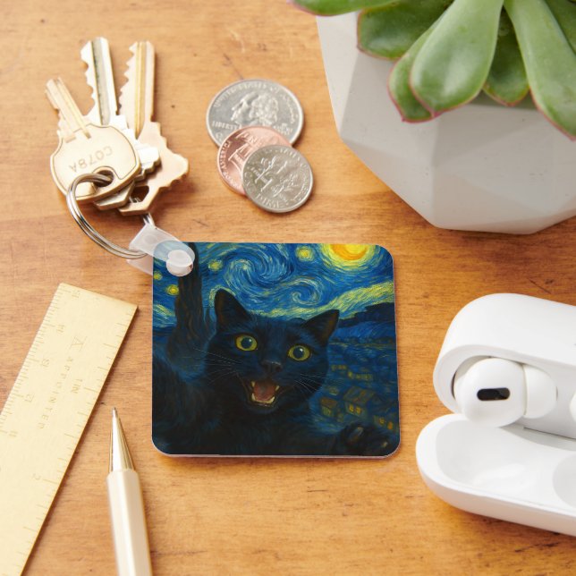 Black Cat Starry Night Van Gogh Cat Selfie  Key Ring (Desk)