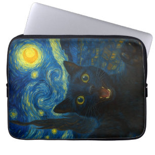 Black Cat Starry Night Van Gogh Cat Selfie Laptop Sleeve