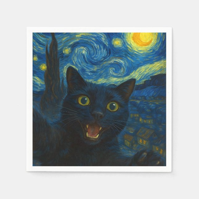 Black Cat Starry Night Van Gogh Cat Selfie  Napkin (Front)