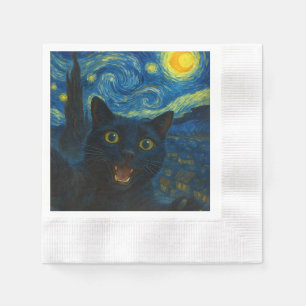 Black Cat Starry Night Van Gogh Cat Selfie Napkin