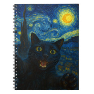 Black Cat Starry Night Van Gogh Cat Selfie Notebook