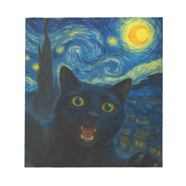 Black Cat Starry Night Van Gogh Cat Selfie  Notepad (Front)
