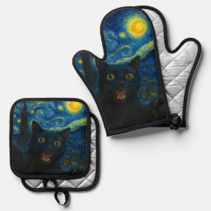 Black Cat Starry Night Van Gogh Cat Selfie  Oven Mitt & Pot Holder Set