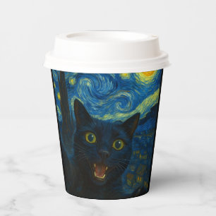Black Cat Starry Night Van Gogh Cat Selfie Paper Cups