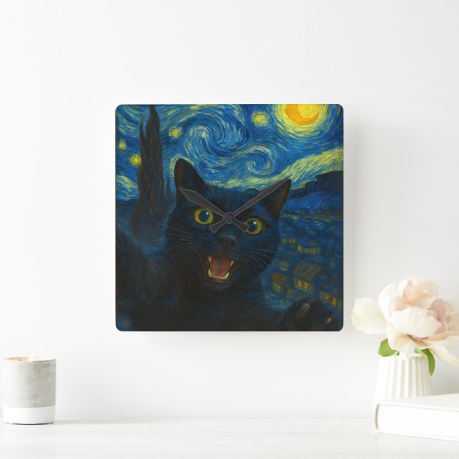 Black Cat Starry Night Van Gogh Cat Selfie  Square Wall Clock (Home)