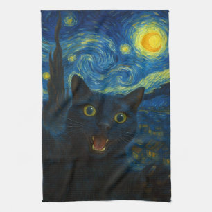 Black Cat Starry Night Van Gogh Cat Selfie  Tea Towel
