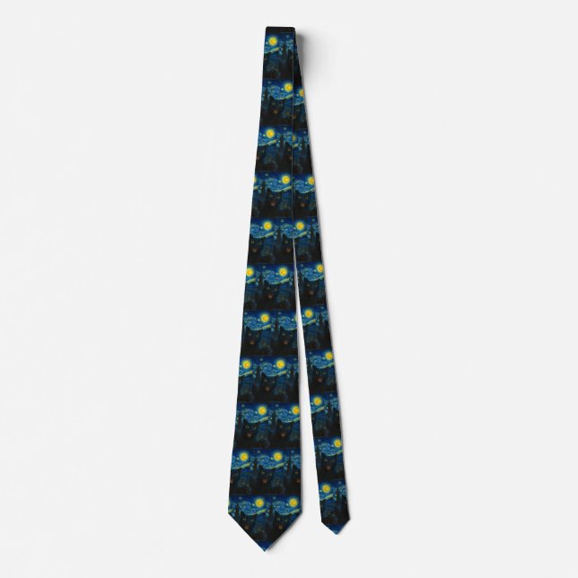 Black Cat Starry Night Van Gogh Cat Selfie  Tie (Front)