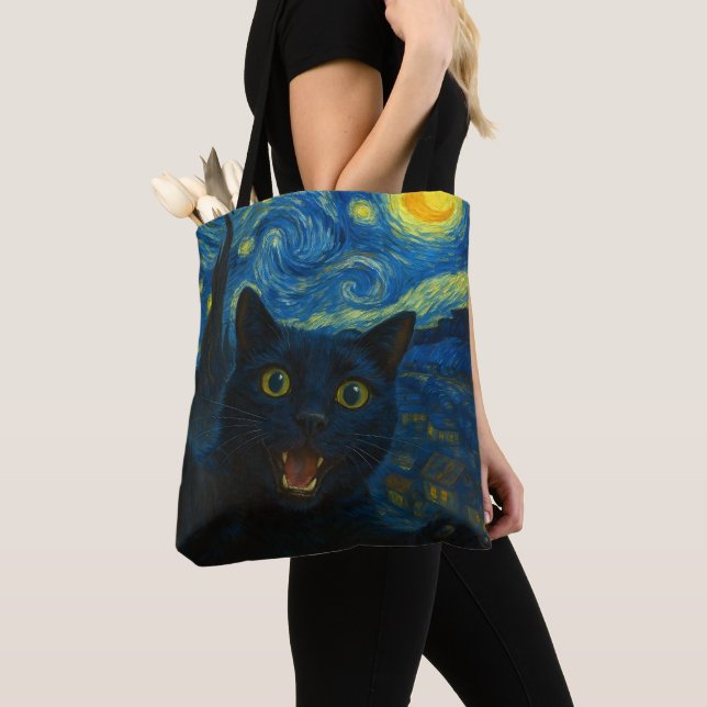Black Cat Starry Night Van Gogh Cat Selfie  Tote Bag (Close Up)