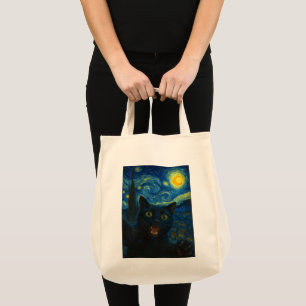 Black Cat Starry Night Van Gogh Cat Selfie Tote Bag