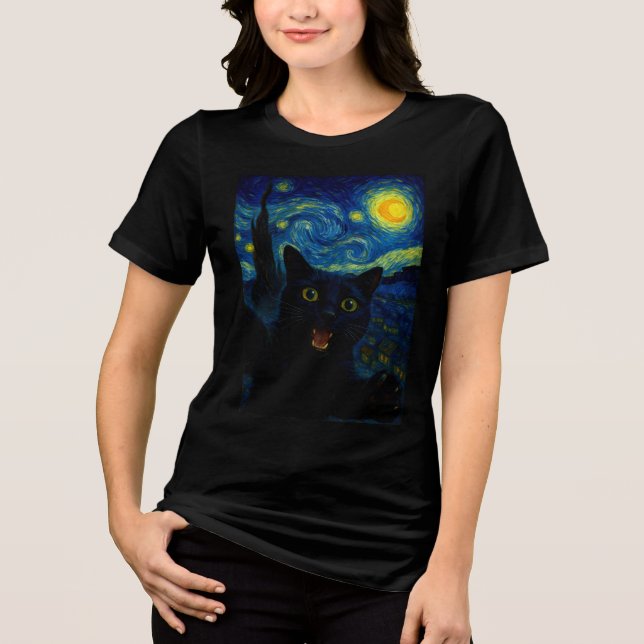 Black Cat Starry Night Van Gogh Cat Selfie  Tri-Blend Shirt (Front)