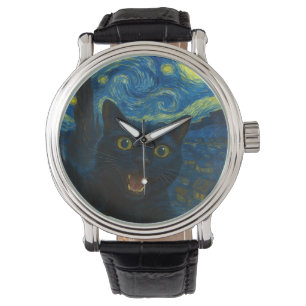 Black Cat Starry Night Van Gogh Cat Selfie Watch